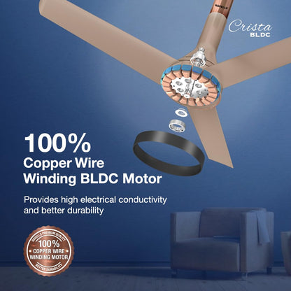 Havells 1200mm Crista Bldc Motor Ceiling Fan|Premium Finish With Rf Remote,100% Copper,Upto 60% Energy Saving|Low Noise: 55Db,2 Year Warranty,Dust Resistant|(Pack Of 1,Champagne Cola),4 stars