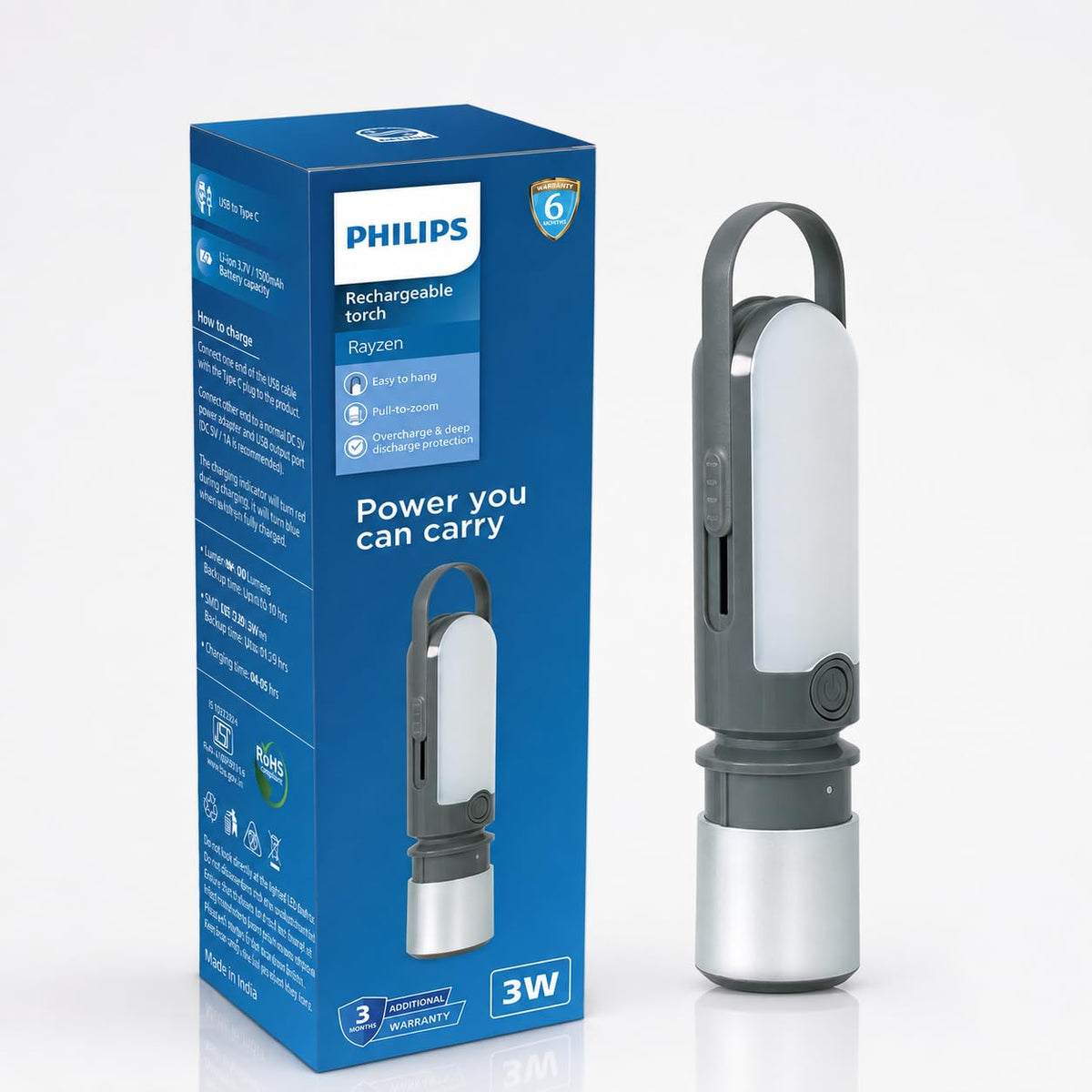 Philips Rayzen Rechargeable LED Torch 3W+6W