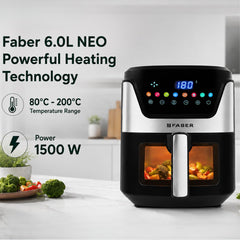 Faber 6L 1500W Digital Air Fryer | Fry, Bake, Roast, Toast, Defrost, Grill & Reheat | 85% Less Oil, 360° Air Cooking|8-P