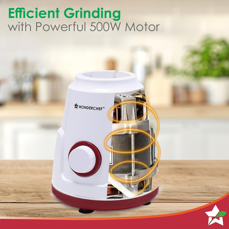 Wonderchef Robo Mixer Grinder | 3 Jars for Blending, Dry Grinding, Chutney Grinding | Low Friction | Low Noise | Conserves Power | Grind Masalas, Nuts, Coconut to Fruits/Vegetables 500 Watt White