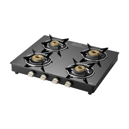 KAFF CTC 69 4B Gas Stove/Cooktop 4 Burners with Manual Ignition 69 CM, High Efficiency Brass Burners, Black Tempered Glass, Enamelled Pan Support (Black)