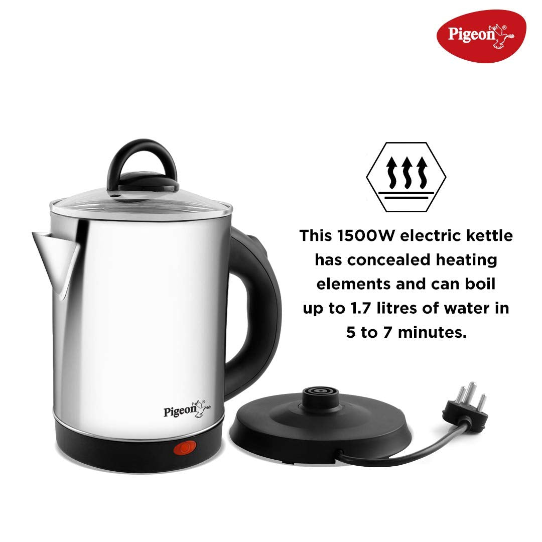 Pigeon Quartz Electric Kettle 1.7 Litre, 1500 watts, Stainless Steel Body, Used for Boiling Water, Making Tea and Coffee