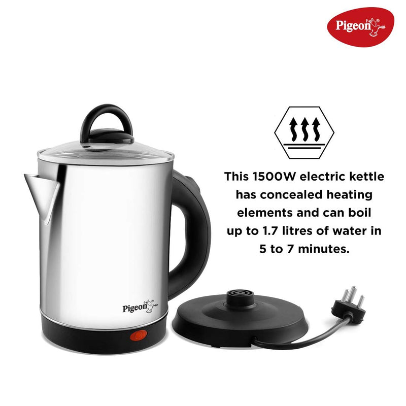 Pigeon Quartz Electric Kettle 1.7 Litre, 1500 watts, Stainless Steel Body, Used for Boiling Water, Making Tea and Coffee