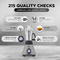 Preethi Steele 110V Mixer Grinder for Kitchen | 3 Jar, 550W Mixie| Perfect for Grinding | Silver/Black  - Only use in USA & Canada