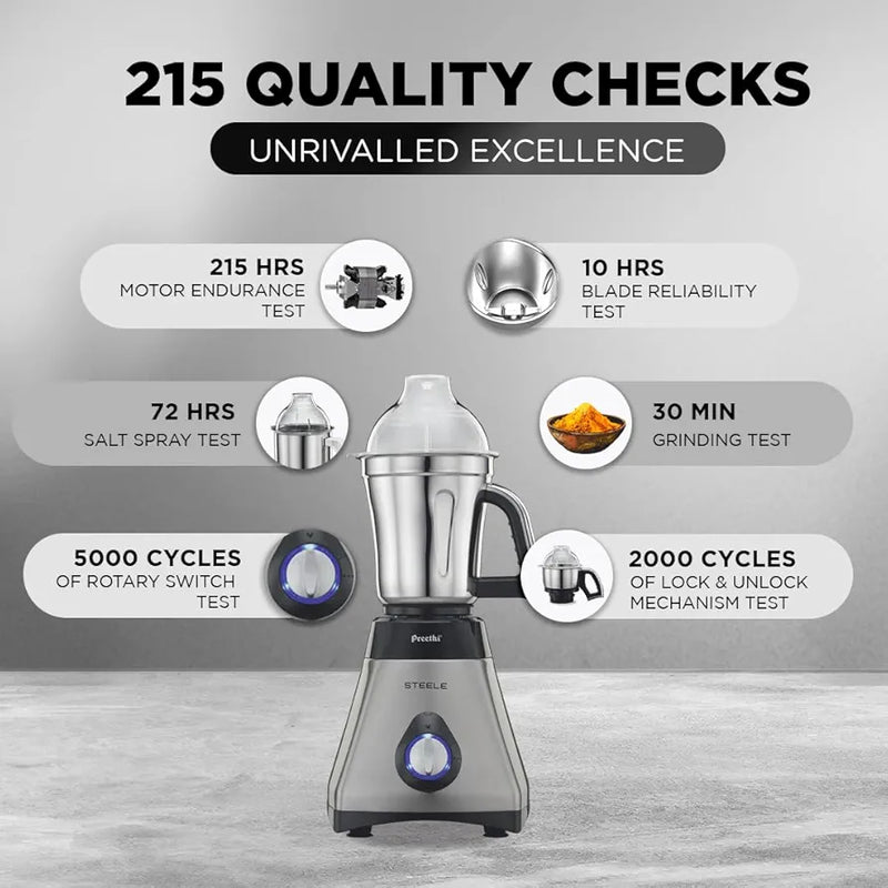 Preethi Steele 110V Mixer Grinder for Kitchen | 3 Jar, 550W Mixie| Perfect for Grinding | Silver/Black  - Only use in USA & Canada