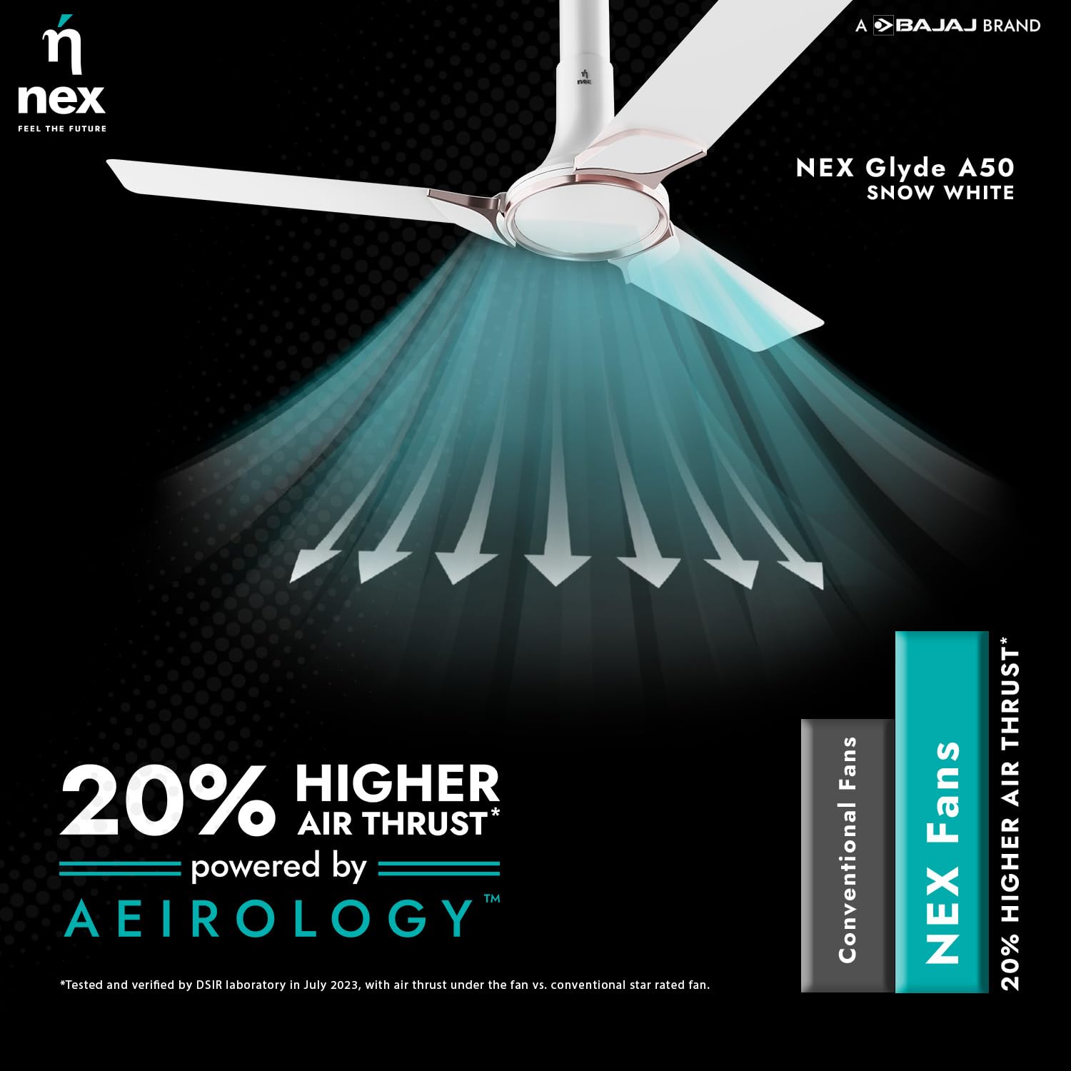 NNEX by BAJAJ Glyde A50 1200 MM | BEE 4 Star Rated Premium Ceiling Fan | 20% Higher Air Thrust* | Airfluence™ Al Blades | Adjustable Downrod | 2-Yr Warranty 【Snow White】
