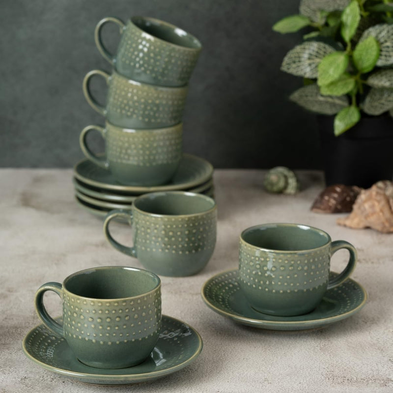Clay Craft Fine Ceramic Apex Green Cups & Saucer, Set of 12, Cups for Tea & Coffee, Gift Set, Elegant Design for Home and Kitchen and Can Be Gifted to Your Loved Ones On Any Occassions