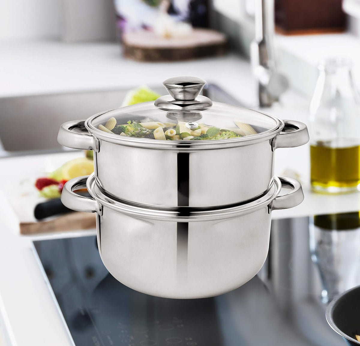Pigeon by Stovekraft Steel X Steamer Stainless Steel Induction Base, Modak Maker/Momo Maker, Dual Compartment With Glass