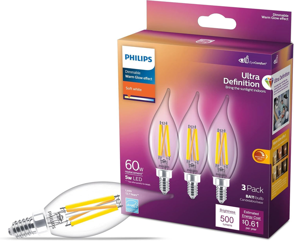 Philips Pack of 3 LED Chandelier Bulbs 60W BA11 E12 Ultra Definition Soft White (2700K) 500 Lumens (5W=60W)