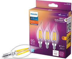Philips Pack of 3 LED Chandelier Bulbs 60W BA11 E12 Ultra Definition Soft White (2700K) 500 Lumens (5W=60W)