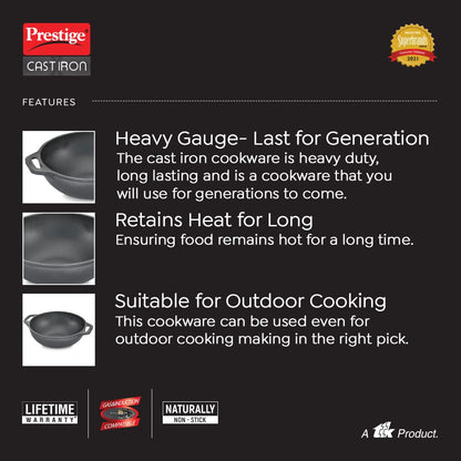Prestige Cast Iron Kadai(26cm)|Even Heat Distribution|Scratch Resistant|Compatible with Gas & Induction|Retains Heat for Long|10 Years Warranty