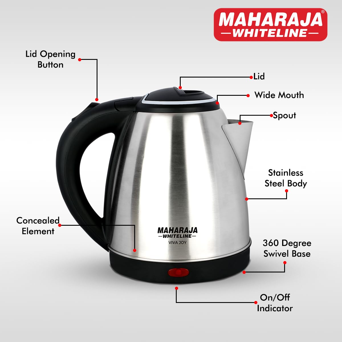 Maharaja Whiteline Viva Joy 1500 Watt Stainless Steel Electric Kettle | 1.5 Litres | Auto Shut Off- White