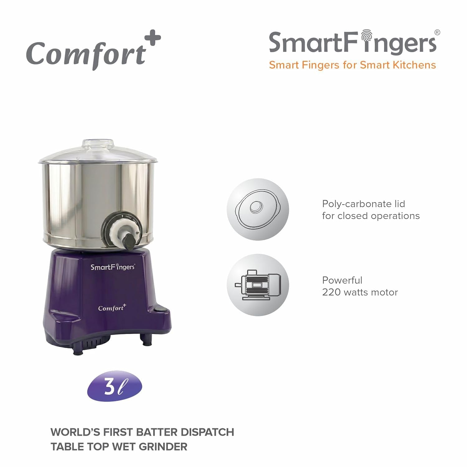 SmartFingers Comfort + Table Top Wet Grinder 230V, 3 Liter, Violet with Coconut Scrapper & Atta Kneader Attachment | Hands-Free Batter Dispenser | Top Wiper, 220W Motor | 5 Years Warranty | AISI 304