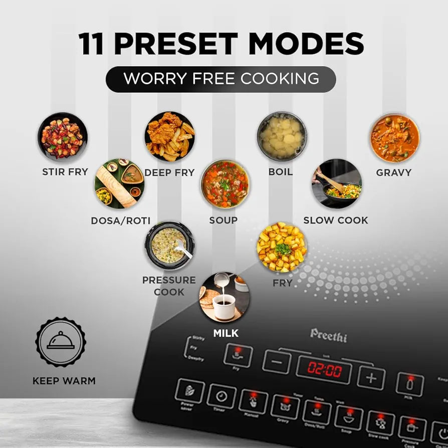 Preethi Indicook IC125 Induction Cooktop, 2100-Watt Electric Stove with Feather Touch Operation and Crystal Glass 
