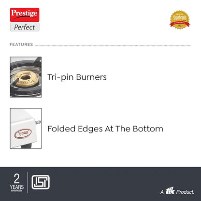 Prestige Gas Stove Perfect - Three Burner, Manual Ignition, Metallic Silver