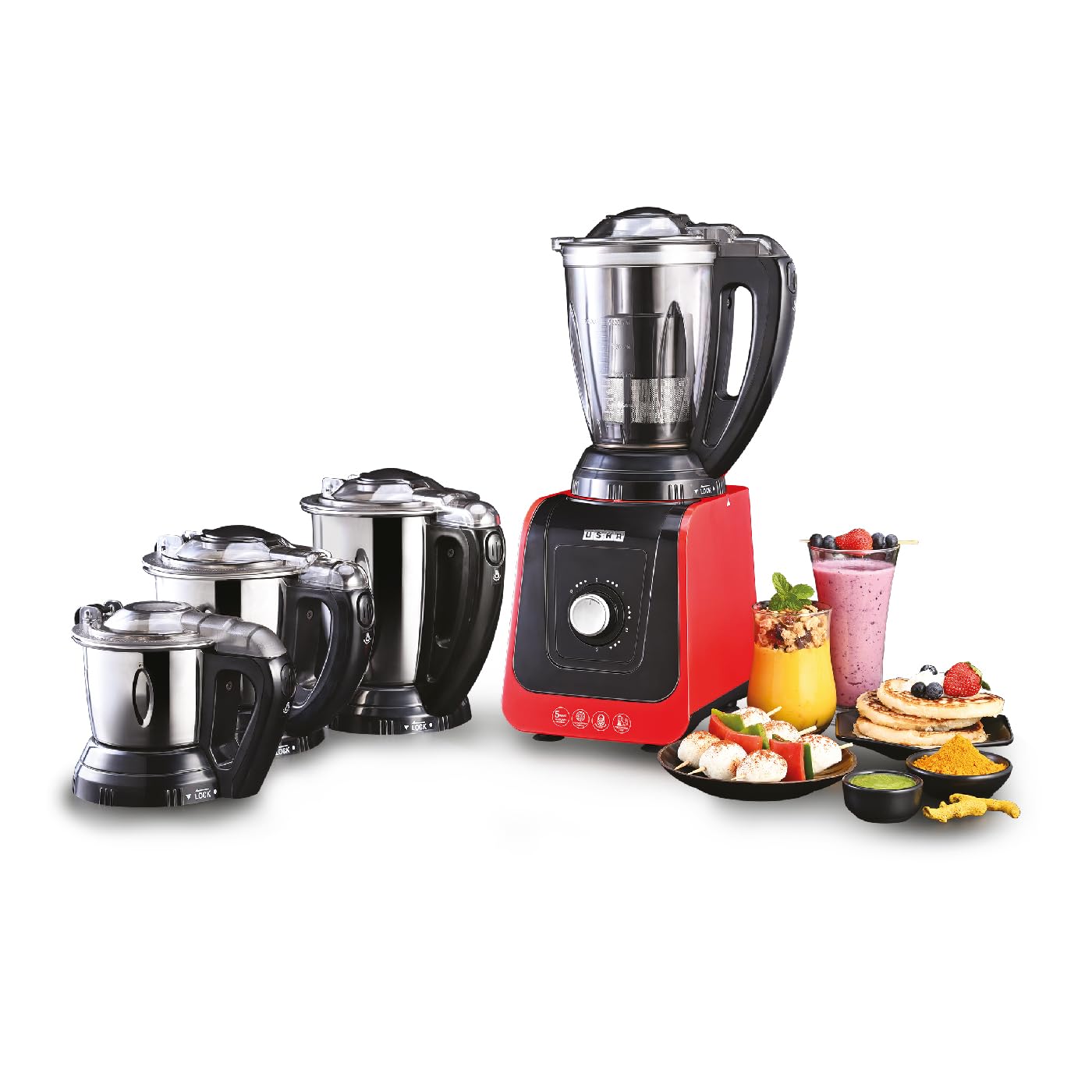 USHA ICHEF 750 Watt Copper Motor Mixer Grinder with 3 SS Jars & Translucent blender PC Jar with fruit filter| Hands Free operation with Dual Safety Lock| 2 Yr Product & 5 Yrs Motor Warranty(Red/Black)