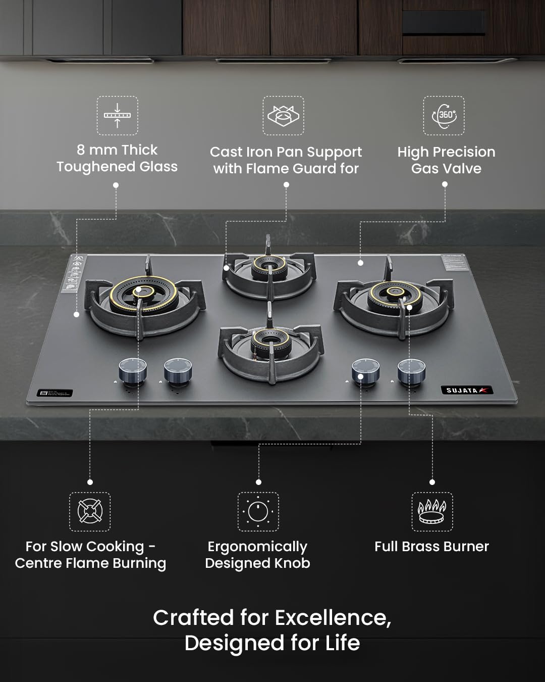 Sujata Hob Gas Stove 4 Burners Glass Top | 5 Years Warranty | 4 Burner Gas Stove Glass Top Auto Ignition, CookTop cum Hob Top, LPG & PNG Compatible, Brass Burner(Palladium FFD Auto Ignition - Black)