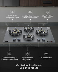 Sujata Hob Gas Stove 4 Burners Glass Top | 5 Years Warranty | 4 Burner Gas Stove Glass Top Auto Ignition, CookTop cum Hob Top, LPG & PNG Compatible, Brass Burner(Palladium FFD Auto Ignition - Black)