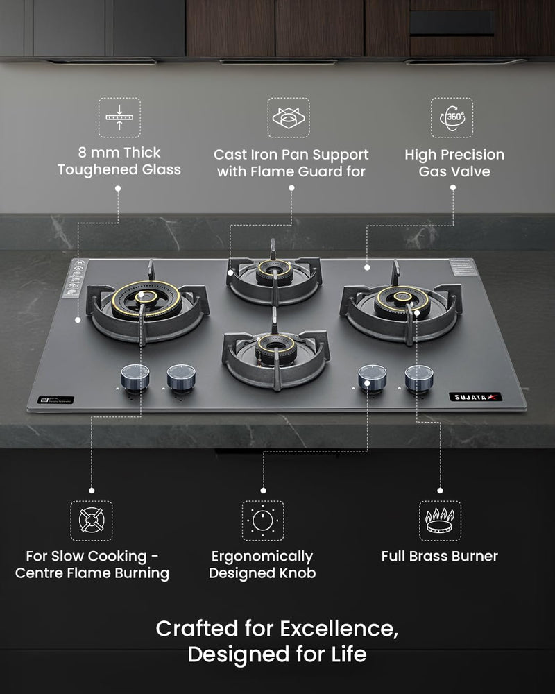 Sujata Hob Gas Stove 4 Burners Glass Top | 5 Years Warranty | 4 Burner Gas Stove Glass Top Auto Ignition, CookTop cum Hob Top, LPG & PNG Compatible, Brass Burner(Palladium FFD Auto Ignition - Black)