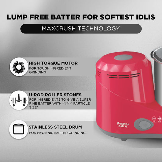 Preethi Wet Grinder|150W 2L Stainless Steel Table Top Wet Grinder|Ideal for Making South Indian Batter in Your Kitchen (Galaxy)