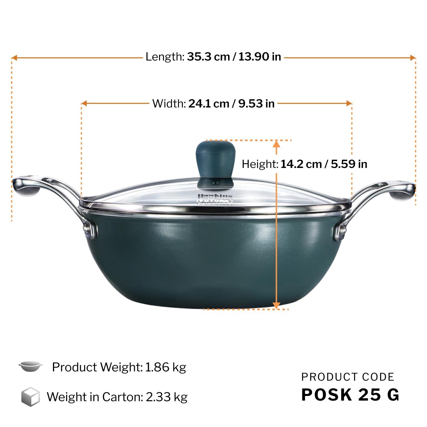 Hawkins Olive Pro 2.5 Litre Deep-Fry Pan, Triply Stainless Steel Kadhai with Stainless Steel Handles and Glass Lid, Green (POSK25G)