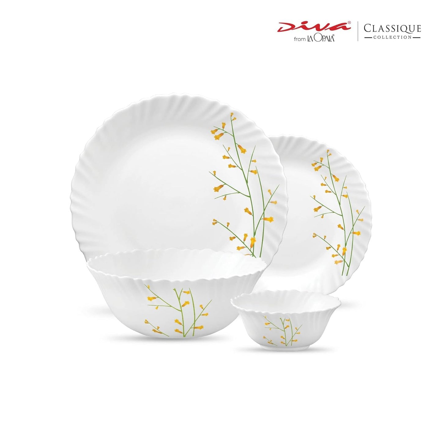 La Opala Diva Classique Collection Opal Glass Crockery | for Family of 6 | Dinner Set 19 pcs Citron Weave | Plates & Bowls for Dining | Microwave Safe | 100% Vegetarian | Extra Strong | White