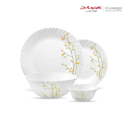 La Opala Diva Classique Collection Opal Glass Crockery | for Family of 6 | Dinner Set 19 pcs Citron Weave | Plates & Bowls for Dining | Microwave Safe | 100% Vegetarian | Extra Strong | White