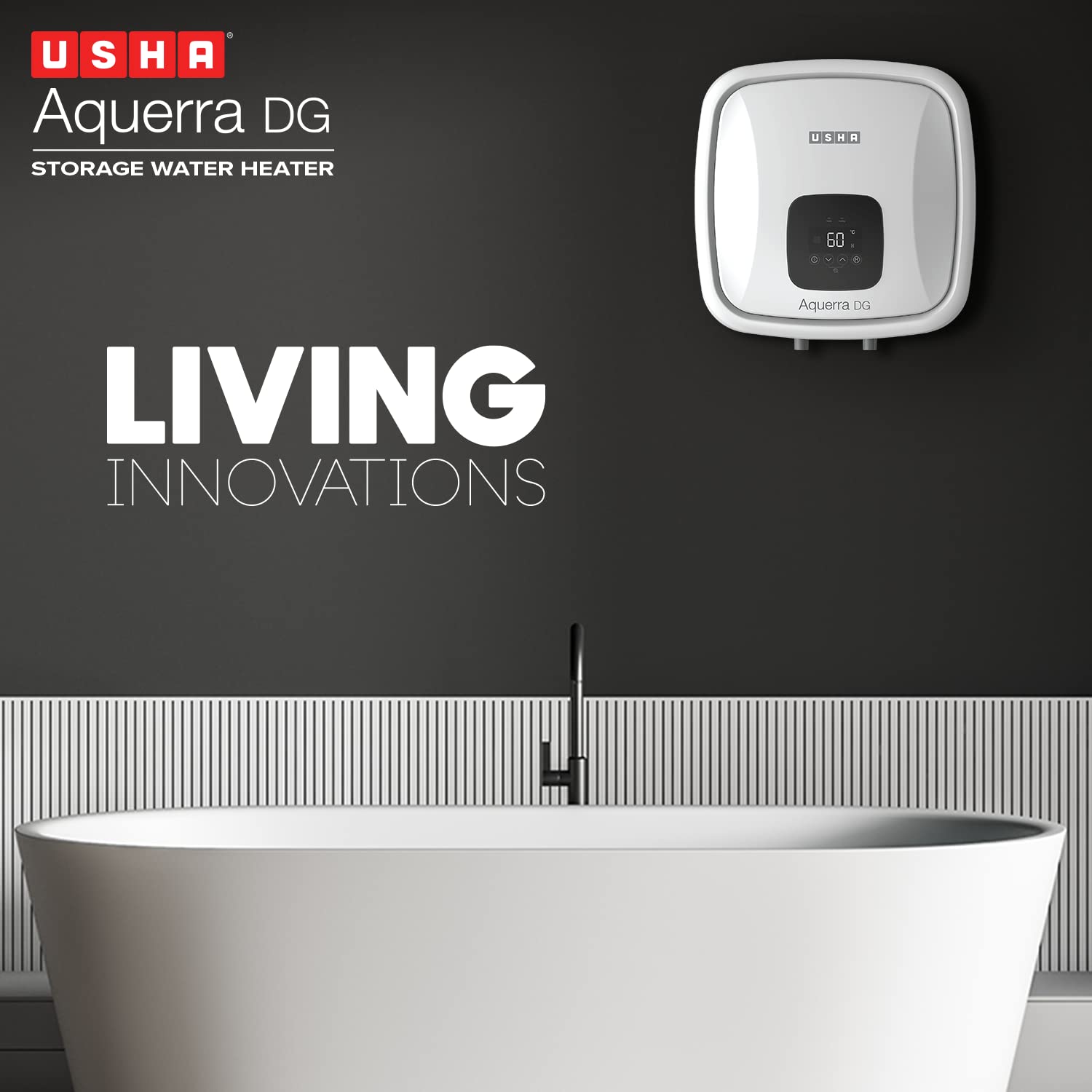 Usha Aquerra DG 25 Litre 5 Star Digital Storage Water Heater with Remote (White), Wall Mounting