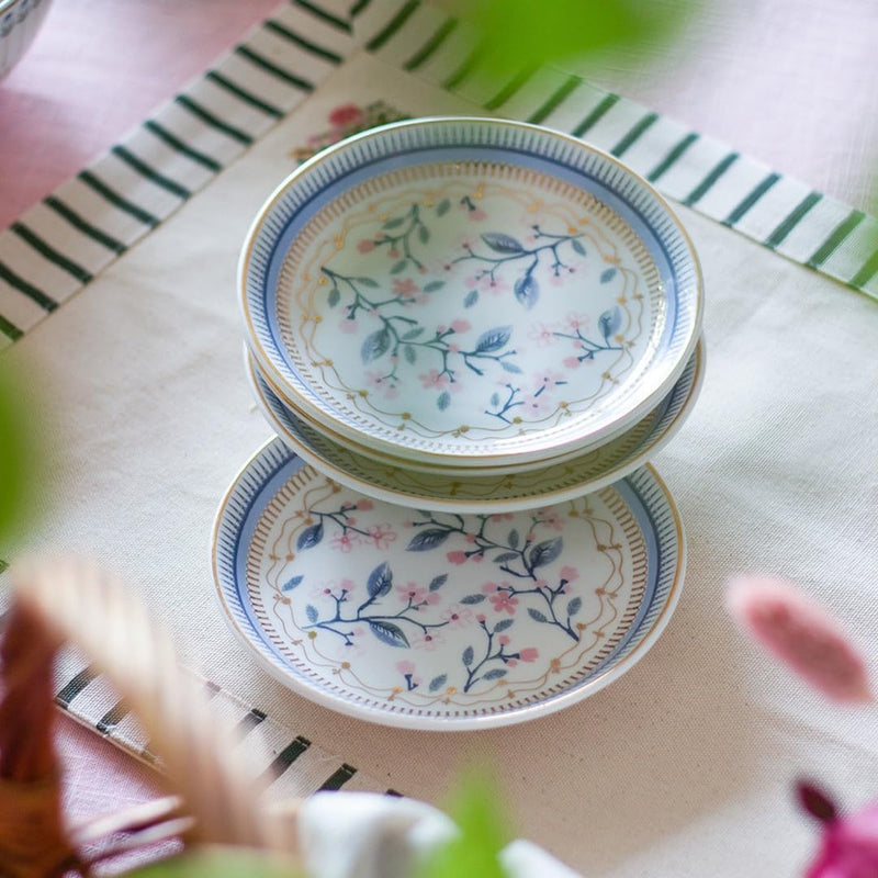 Magique by The Wishing Chair x ClayCraft : River of Flowers Ceramic Plates Set of 4 | 6 Inches | Snack Plates | Elegant Lightweight Small Ceramic Plates for Appetizers & Desserts | Dishwasher Safe