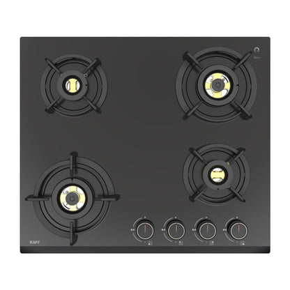 KAFF | ASHFORD Built-in Hob 4 Burners | Auto Electric Ignition Glass Top, 60 CM | Full Brass Burners with Flame Failure Device | 8 MM Thick Toughened Glass Black | ASF604