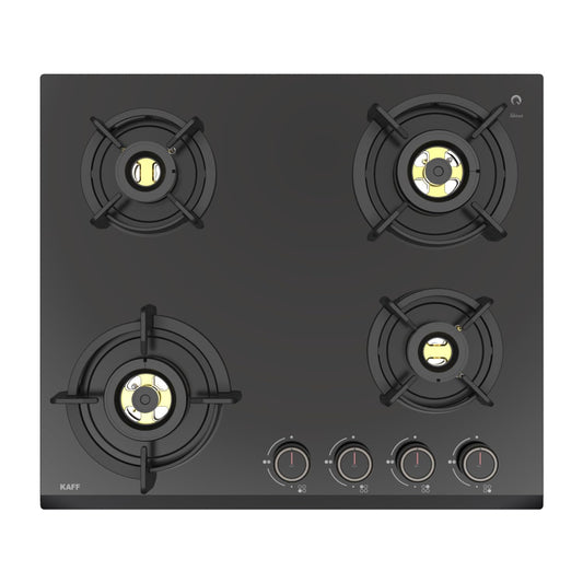 KAFF | ASHFORD Built-in Hob 4 Burners | Auto Electric Ignition Glass Top, 60 CM | Full Brass Burners with Flame Failure Device | 8 MM Thick Toughened Glass Black | ASF604