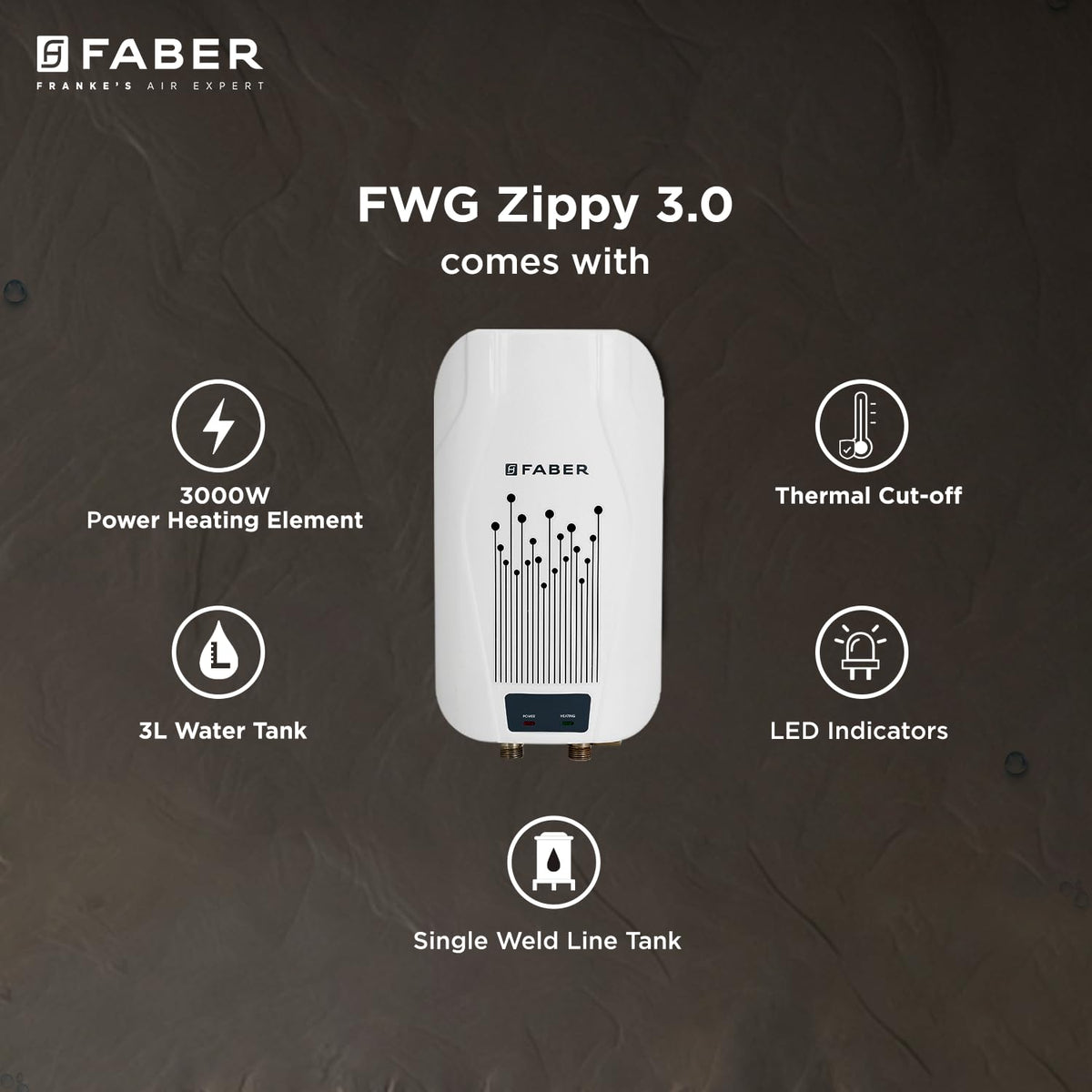 Faber Zippy Instant Geyser 3 Litre| 3000W Powerful Heating | Superior Energy Efficiency | Suitable for Kitchen & Bathroo