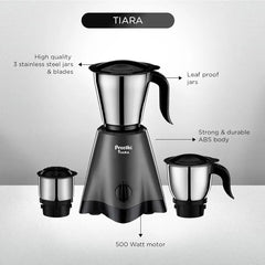 Preethi Tiara Mixer Grinder for Kitchen | 500 Watt Mixie | 3 Stainless Steel Jars  | Grey & Black