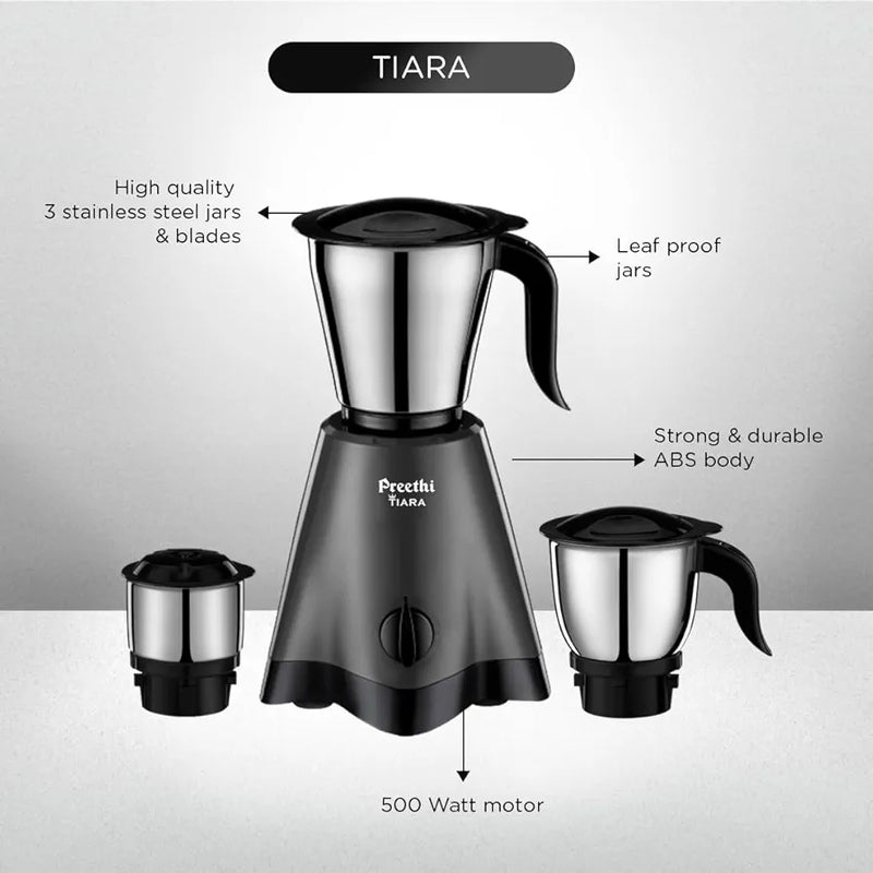 Preethi Tiara Mixer Grinder for Kitchen | 500 Watt Mixie | 3 Stainless Steel Jars  | Grey & Black