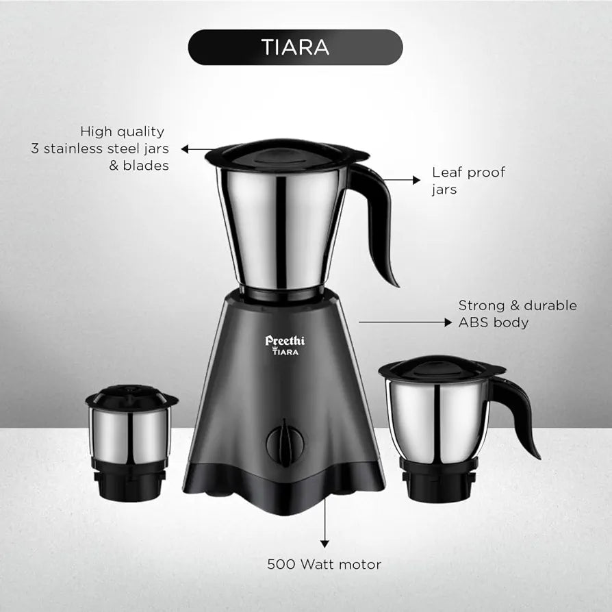 Preethi Tiara Mixer Grinder for Kitchen | 500 Watt Mixie | 3 Stainless Steel Jars  | Grey & Black