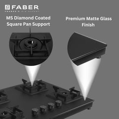 Faber Evoke 4 Burner 65Cm Cooktop |Auto Ignition| |Metal Knobs| MS Diamond Coated Pan Support | Matt Black Glass Finish 