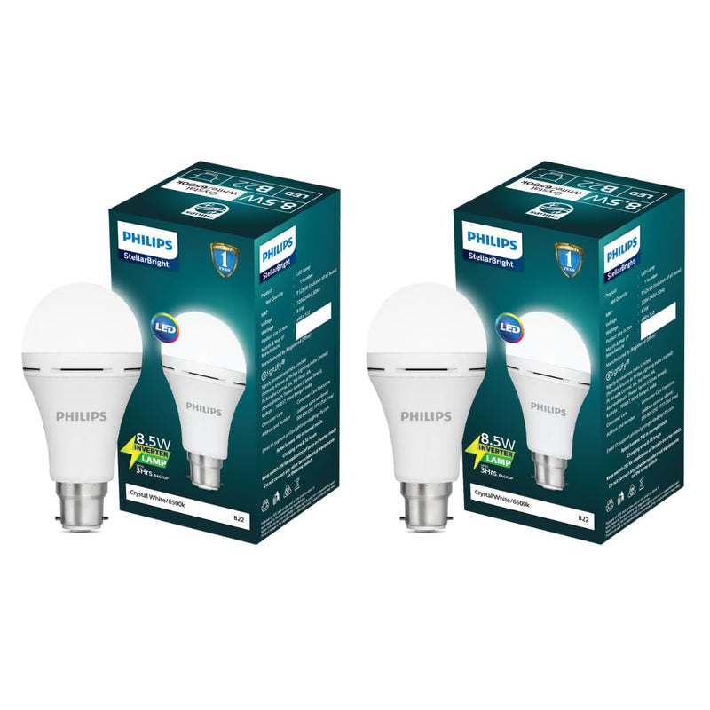 Philips Stellar Bright Rechargeable Emergency Inverter LED Bulb, B22 8.5-Watt-Crystal White(Pack of 2)