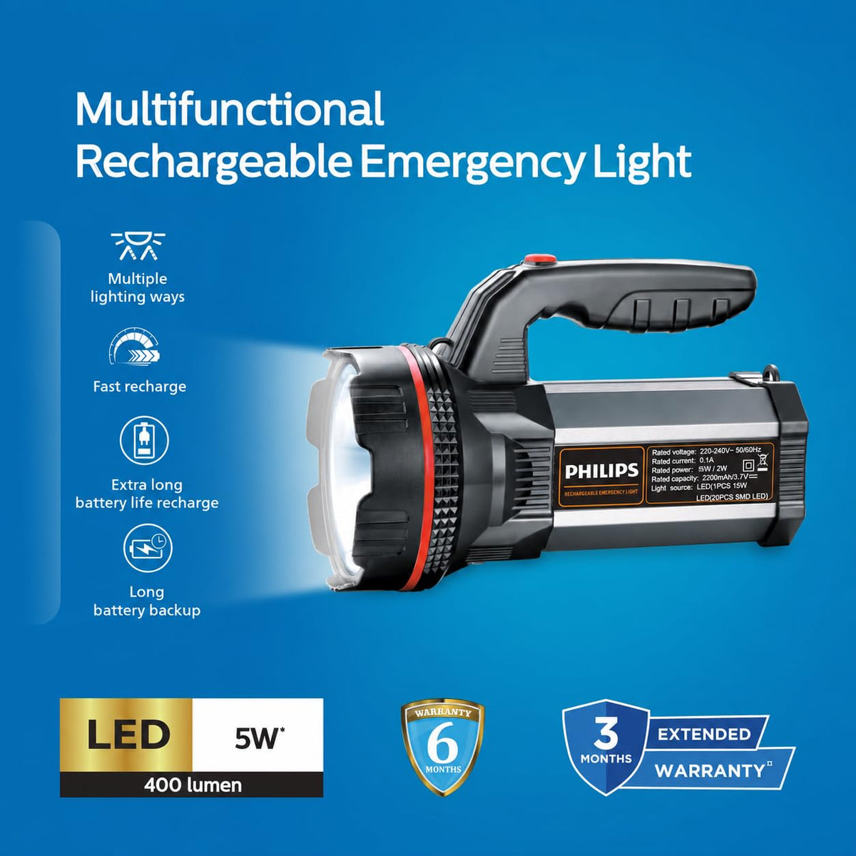 PHILIPS 5W Blaze Multicolor-Functional Emergency Rechargeable Led Light and Lantern| 4 Lighting Modes | 3000 Mah Battery with Up to 4 Hrs, 400 Lumen, Pack of 1