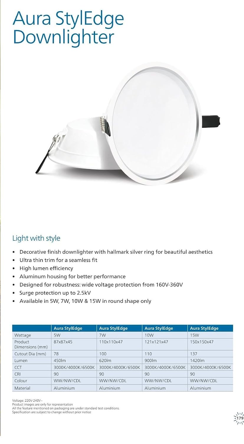 Philips Metal New LED Downlighter Aura Styledge 15-Watt (Round, Natural White)