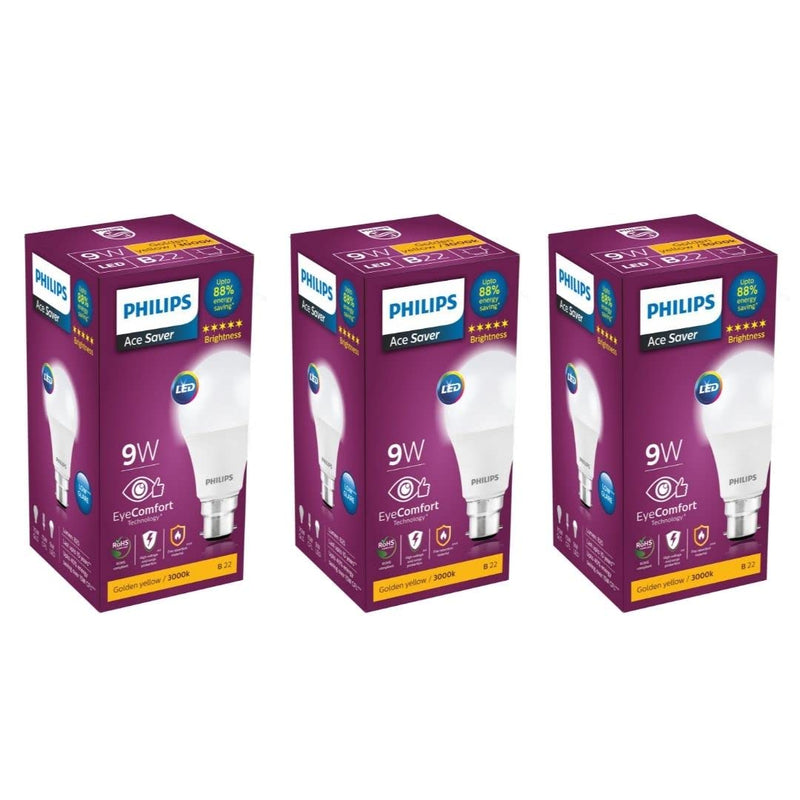 Philips Non-Rechargeable Comet Wall Light 30575(White) 9-Watts B22 LED Warm White LED Bulb, Pack of 3