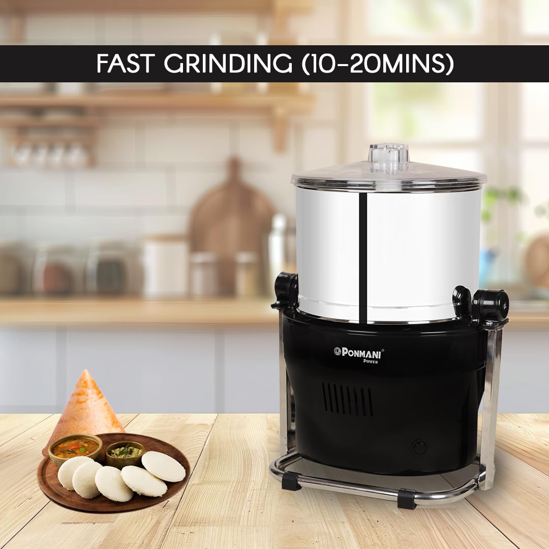 Ponmani Power Plus - 3Ltr Tilting Wet Grinder (Black, 225W Copper Motor, Fast Grinding)