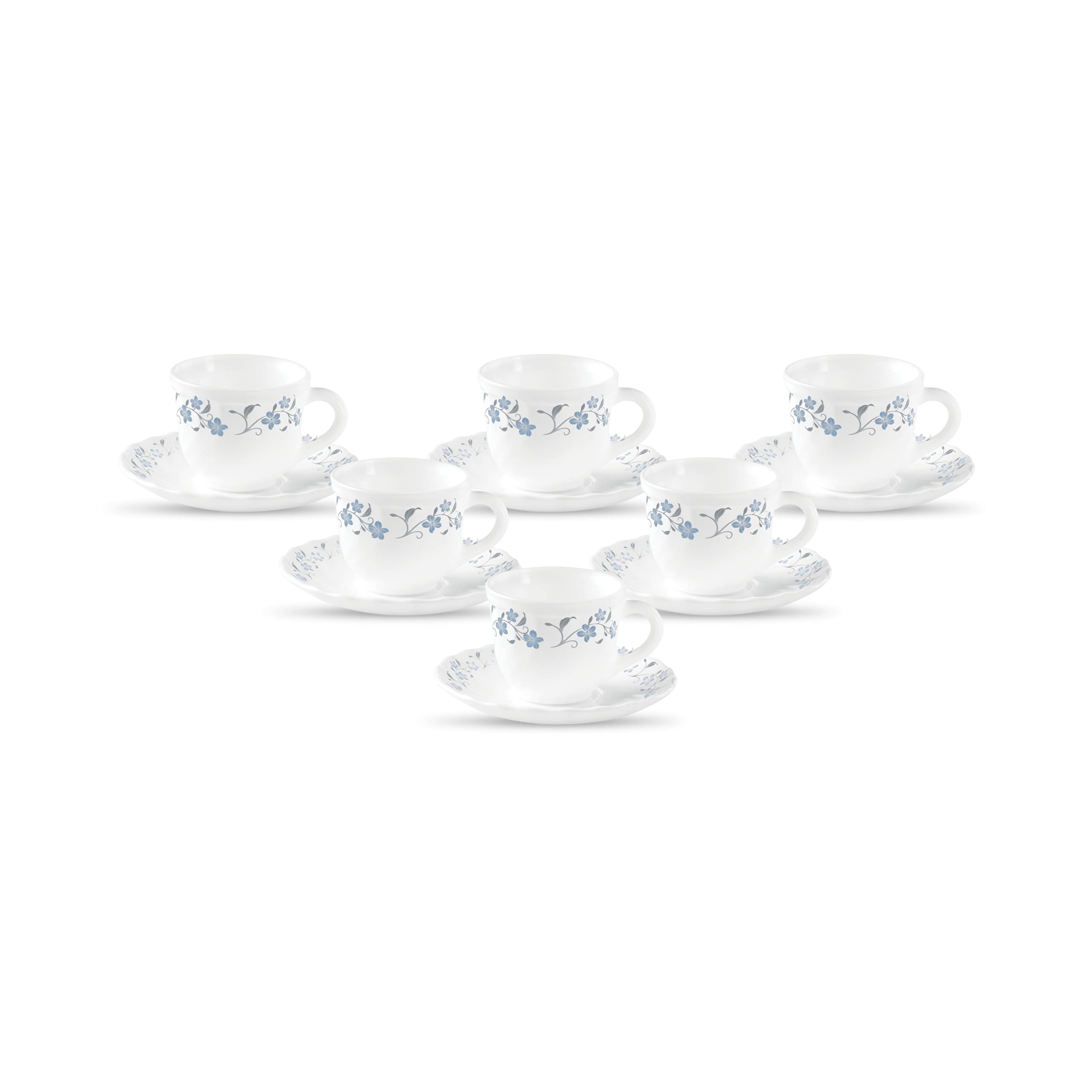 La Opala Diva, Opal Glass Crockery | Cup & Saucer Tulip Regular, Set of 12 | Aster Blue, 160 ml | for Tea & Coffee | Microwave Safe | 100% Vegetarian | Extra Strong | Super Light | Super White