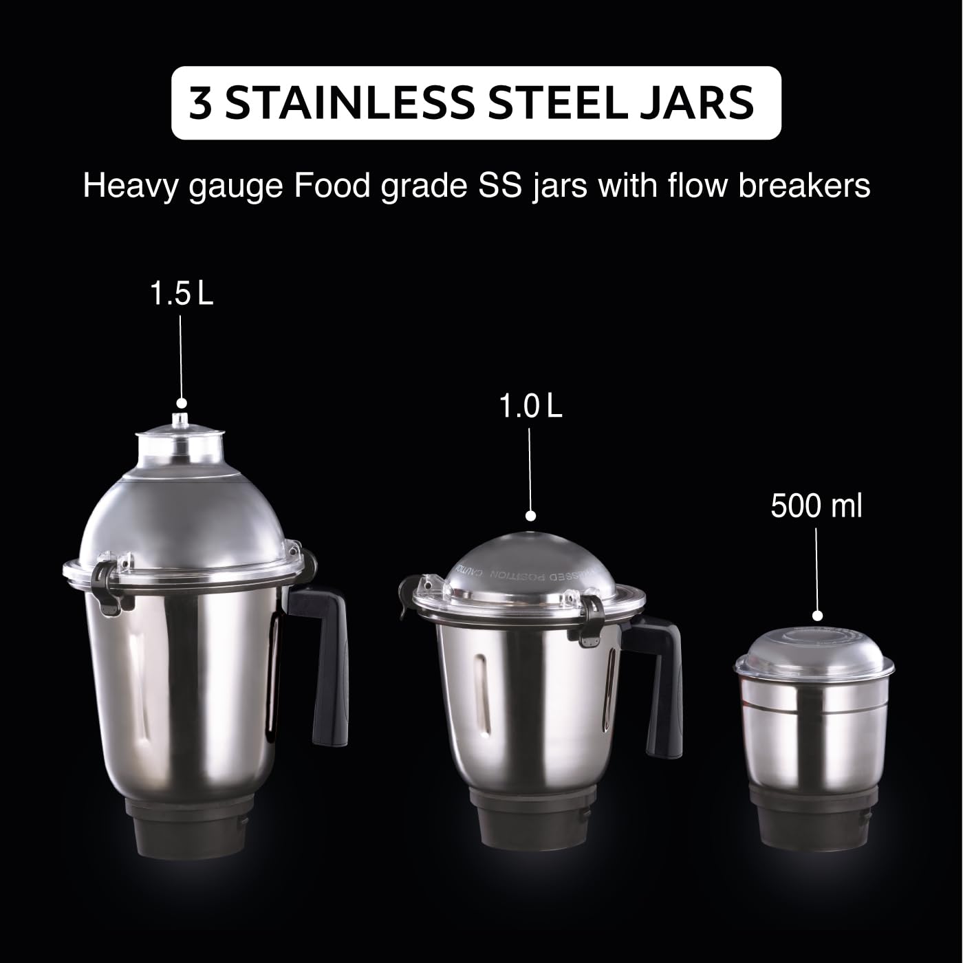 USHA Thunderbolt Pro 1000 Watt with 4 Jars, 100% Copper Ball-Bearing Motor, Handsfree operation, 4 Jars, Fruit Filter, 3-Speed Setting with Inching option, 5 Years Warranty on Motor (Black)