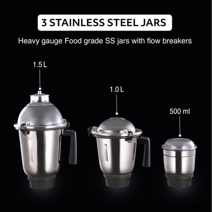 USHA Thunderbolt Pro 1000 Watt with 4 Jars, 100% Copper Ball-Bearing Motor, Handsfree operation, 4 Jars, Fruit Filter, 3-Speed Setting with Inching option, 5 Years Warranty on Motor (Black)