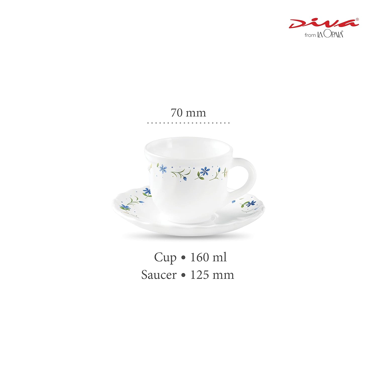 La Opala Diva, Opal Glass Crockery | Cup & Saucer Tulip Regular, Set of 12 | Twilight Bouquet, 160 ml | for Tea & Coffee | Microwave Safe | 100% Vegetarian | Extra Strong | Super Light | Super White