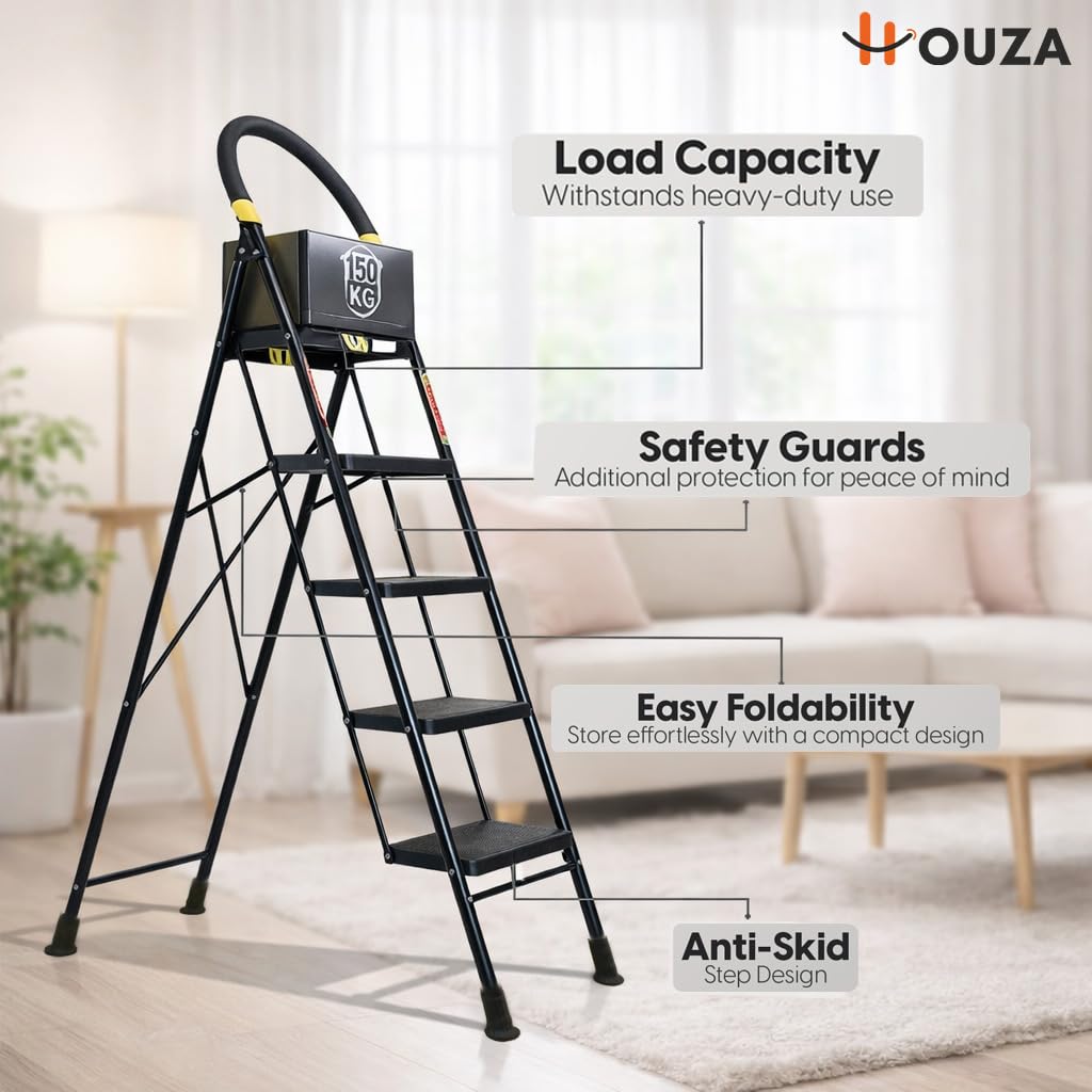 HOUZA Steel Ladder for Home 5 Steps Foldable with Anti-Skid Wide Steps (30cm x 20cm) | 5 Step Ladder for Home Use with Secure Lock | 150 Kg Load Capacity Folding Ladder | 5 Year Warranty (Black)