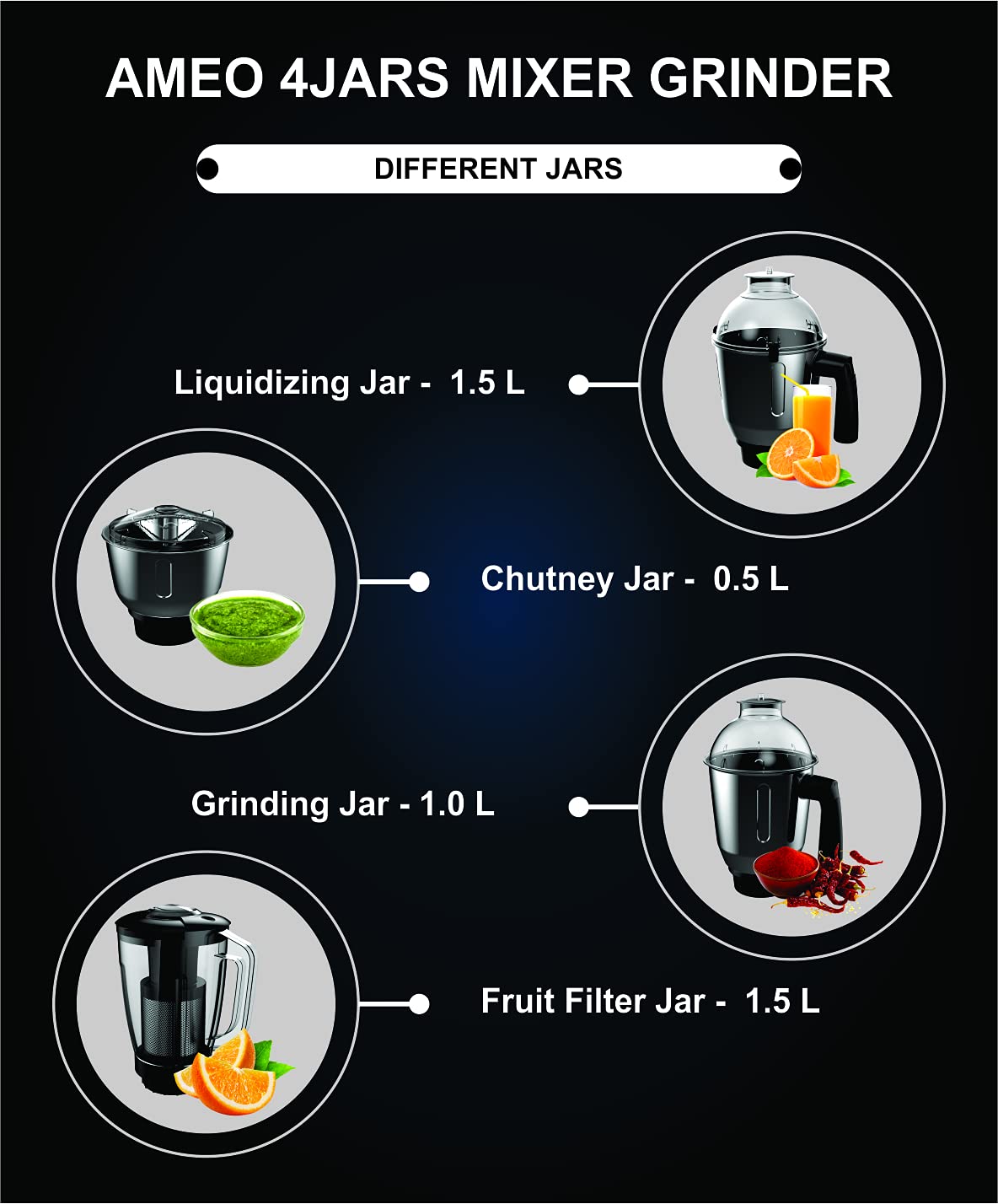 Crompton Ameo 750-Watt Mixer Grinder with MaxiGrind and Motor Vent-X Technology (3 Stainless Steel Jars and 1 Juicer Jar, Black & Green) (AMEO-4JARS), 2 Years Warranty.