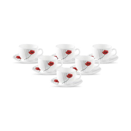 La Opala Diva, Opal Glass Crockery | Cup & Saucer Iris Regular, Set of 12 | Soul Passion, 160 ml | for Tea & Coffee | Microwave Safe | 100% Vegetarian | Extra Strong | Super Light | Super White