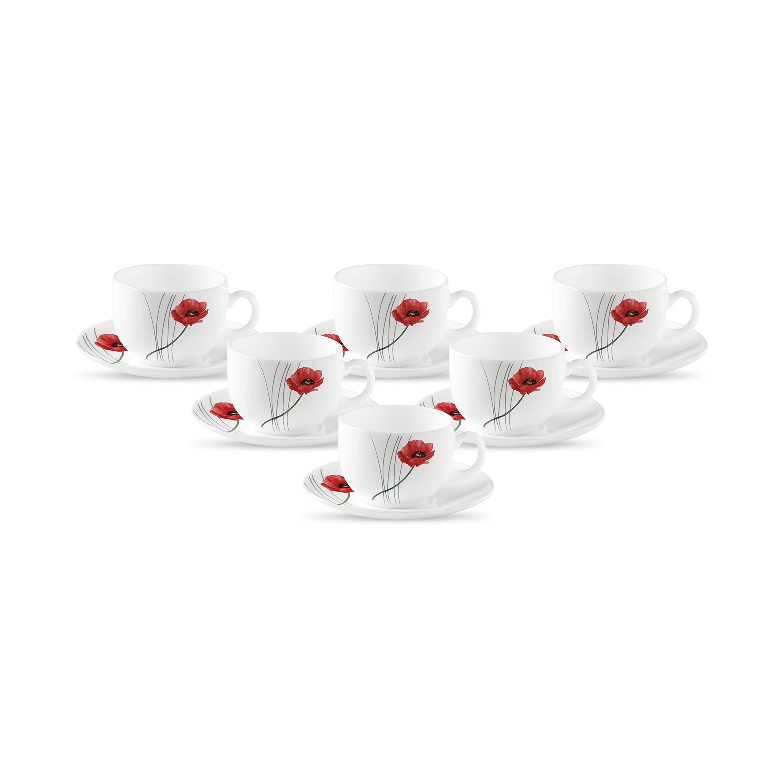 La Opala Diva, Opal Glass Crockery | Cup & Saucer Iris Regular, Set of 12 | Grace Red, 160 ml | for Tea & Coffee | Microwave Safe | 100% Vegetarian | Extra Strong | Super Light | Super White