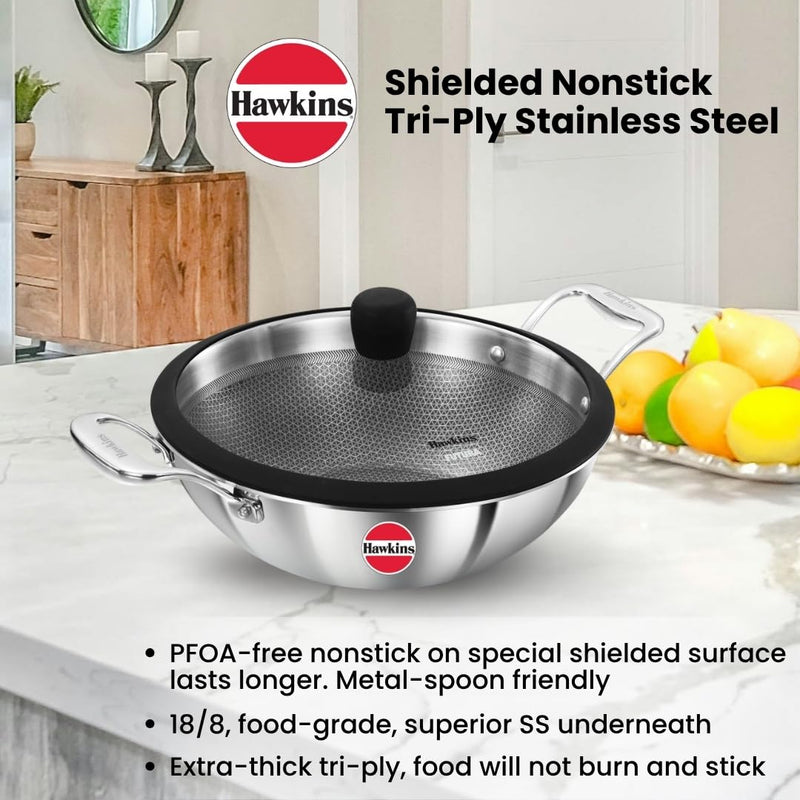 Hawkins Pro 3.5 Litre Shielded Nonstick Triply Deep-Fry Pan, Kadhai with Stainless Steel Handles and Glass Lid, Silver (PSNK35G), 26 cm